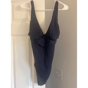 Navy Blue Ribbed One Piece Swimsuit Adjustable Straps Criss Cross Front‎